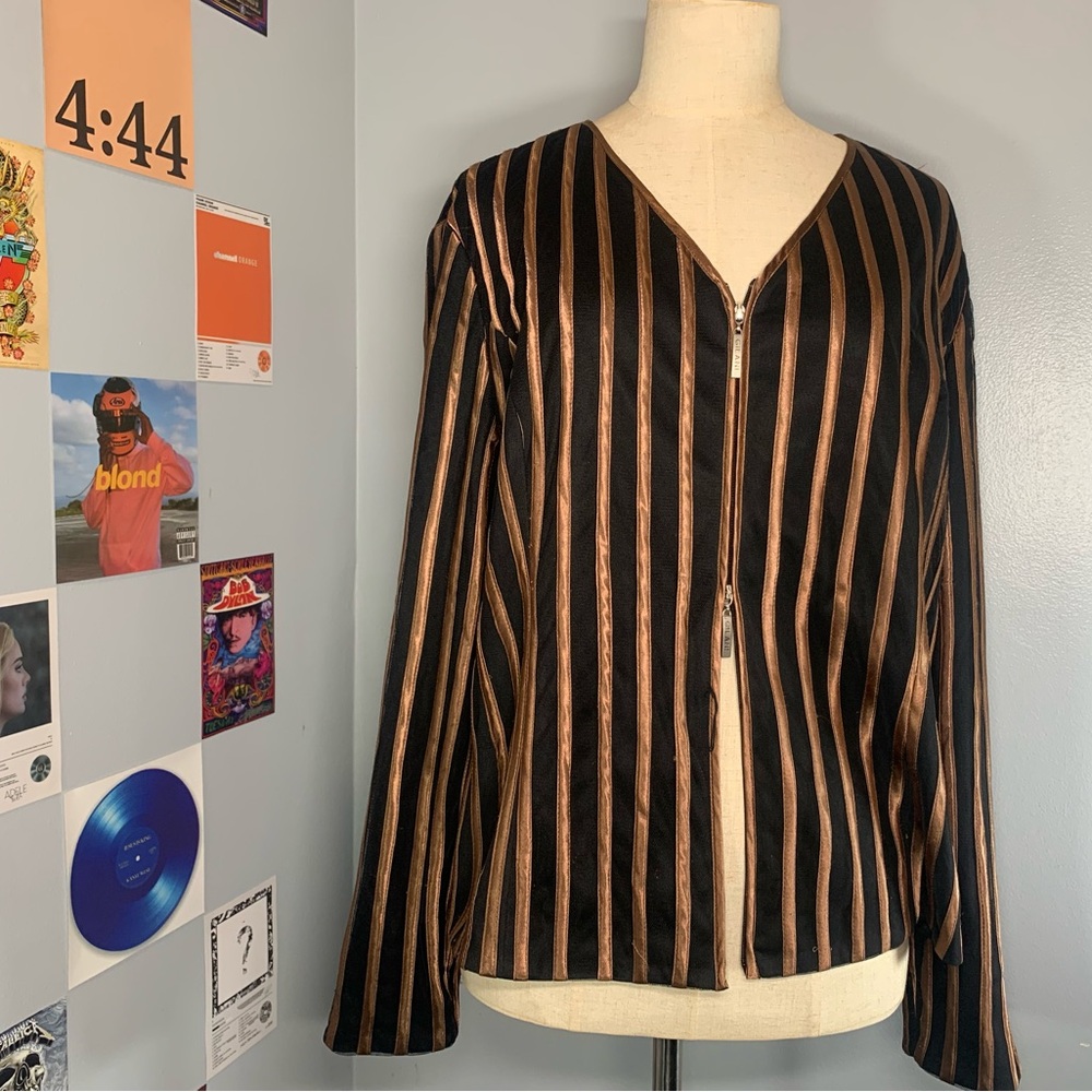 Vintage Bronze Gold Stripe Double Zip Blazer Plus Size